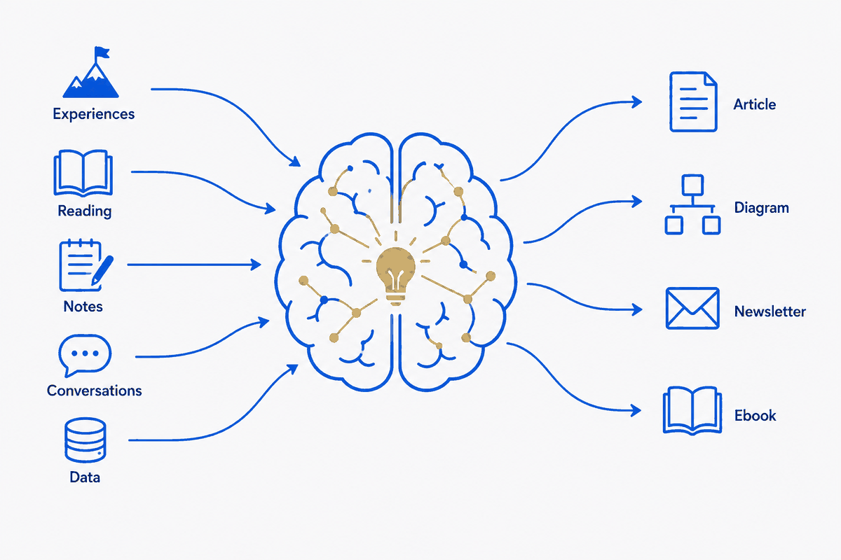 The same shape, drawn as a brain: structured sources on one side — experiences, reading, notes, conversations, data — and on the other, every public artefact those sources can project: an article, a diagram, a newsletter, an ebook. The brain isn't copied into each output; it derives them. Change the source, rebuild, and every projection updates at once.