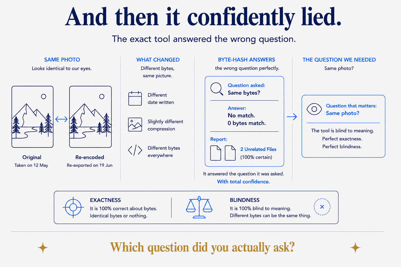 The exact tool asked the wrong question. Two photos identical to the eye, but one was re-encoded — a different date written in, a slightly different compression — so not one byte matches. The byte-hash reports them as two unrelated files, with full confidence. It answered 