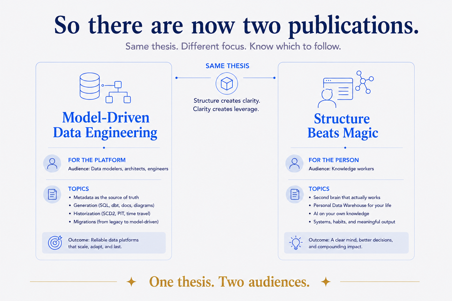 Two publications, one thesis. Model-Driven Data Engineering is for the platform — data modelers, architects and engineers; metadata, generation, historization, migrations. Structure Beats Magic is for the person — knowledge workers; a second brain, a personal data warehouse, AI on your own knowledge. Same conviction underneath: structure creates clarity, clarity creates leverage.