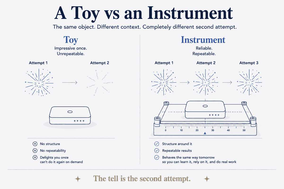 A toy vs an instrument: the same object in different contexts. Without structure the second attempt fizzles out; with structure around it, attempts one, two and three all land the same way — repeatable, reliable, something you can do real work with.