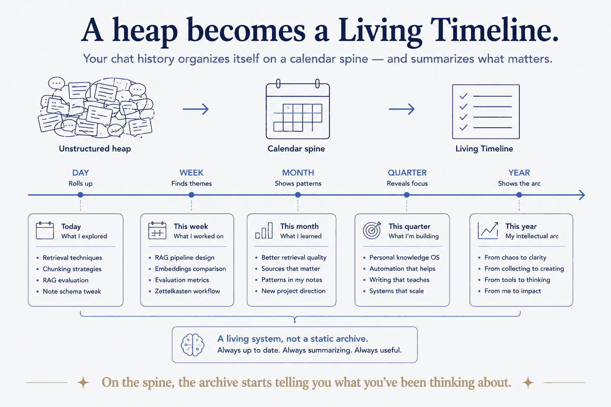 The heap becomes a Living Timeline. Once the conversations sit on the calendar spine, day rolls up into week, month, quarter and year — each level summarizing what you explored, worked on, learned, and built. It's a living system, not a static archive: always up to date, always summarizing, so the archive starts telling you what you've been thinking about.