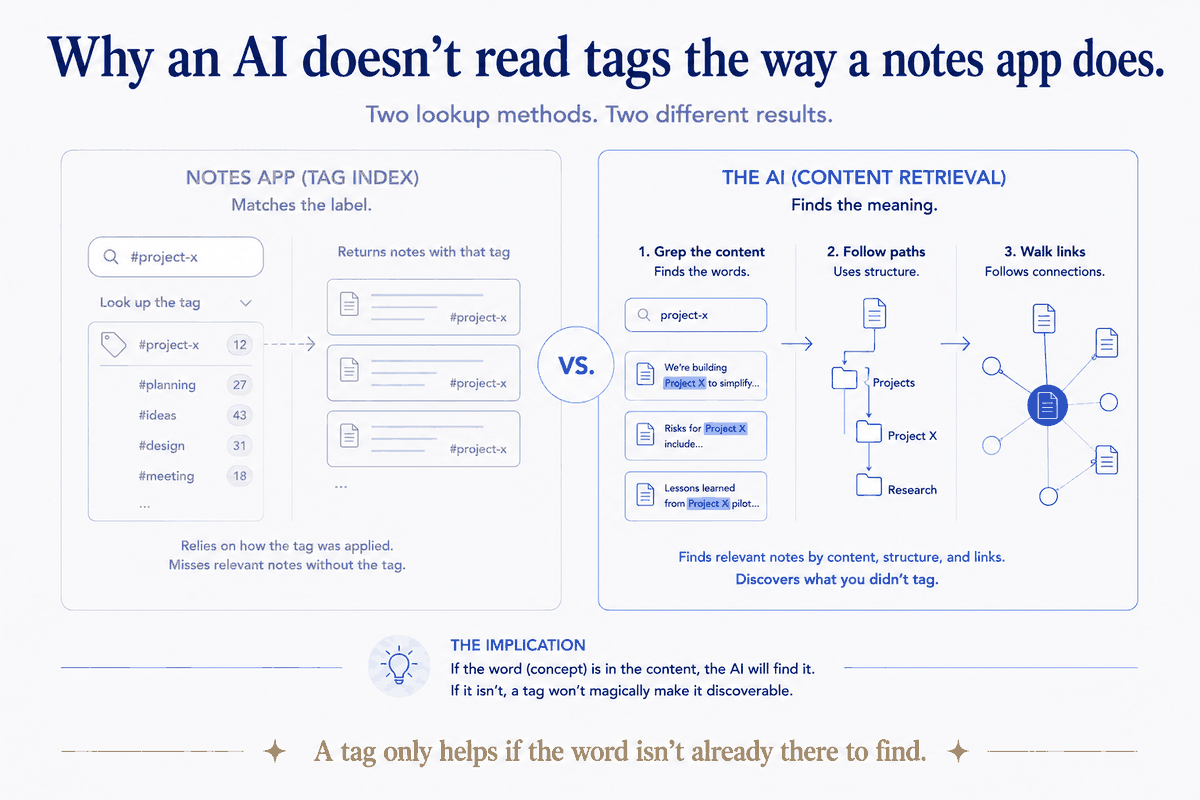 Two lookup methods, two results. A notes app matches the tag label — it returns exactly what was tagged, and misses relevant notes that weren't. The AI retrieves by meaning: it greps the content, follows the folder path, and walks the links — discovering what you never tagged. A tag only helps if the word isn't already there to find.