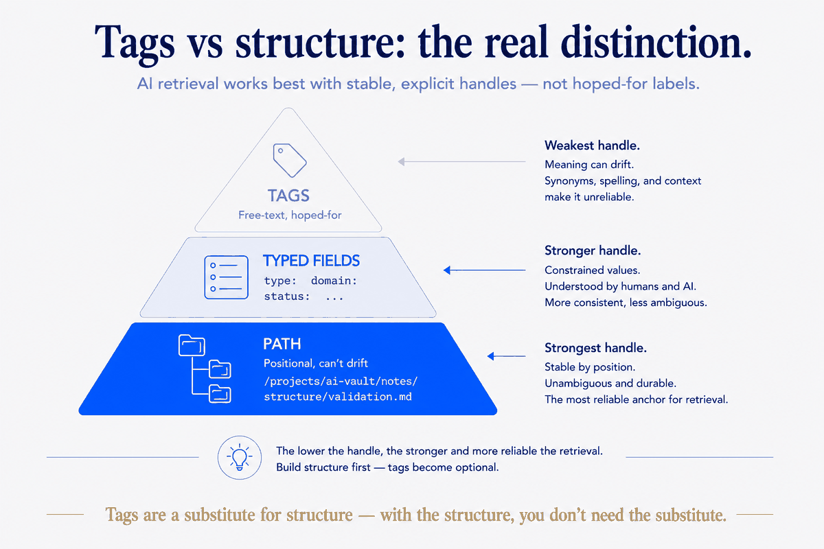 The retrieval-handle hierarchy. Tags sit at the top — free-text, hoped-for, their meaning drifts with synonyms and spelling. Typed fields (type, domain, status) are a stronger handle: constrained, consistent, understood by humans and AI. The folder path is strongest of all — positional, unambiguous, it can't drift because it is the file's location. The lower the handle, the more reliable the retrieval — and tags are a substitute for structure you don't need once the structure is there.