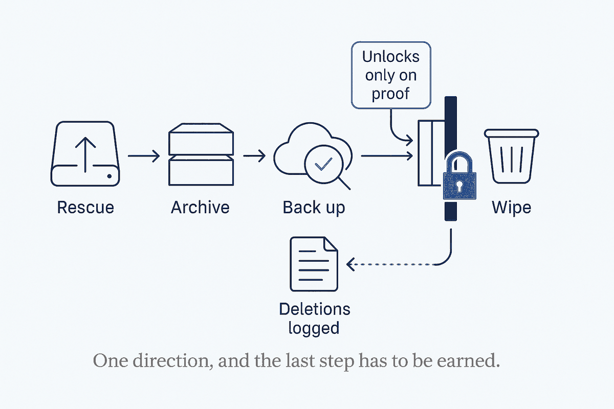 The rescue-before-wipe gate. Data flows one way through checkpoints: rescue the files off the aging drive, archive them, back the archive up offsite, and verify the backup actually contains them — list them in the real snapshot. Only after that proof does the wipe unlock. Deletions are logged with reasons on the way through. The gate exists because the two outcomes aren't symmetric: an extra day of keeping is free; a day-too-early wipe is forever.