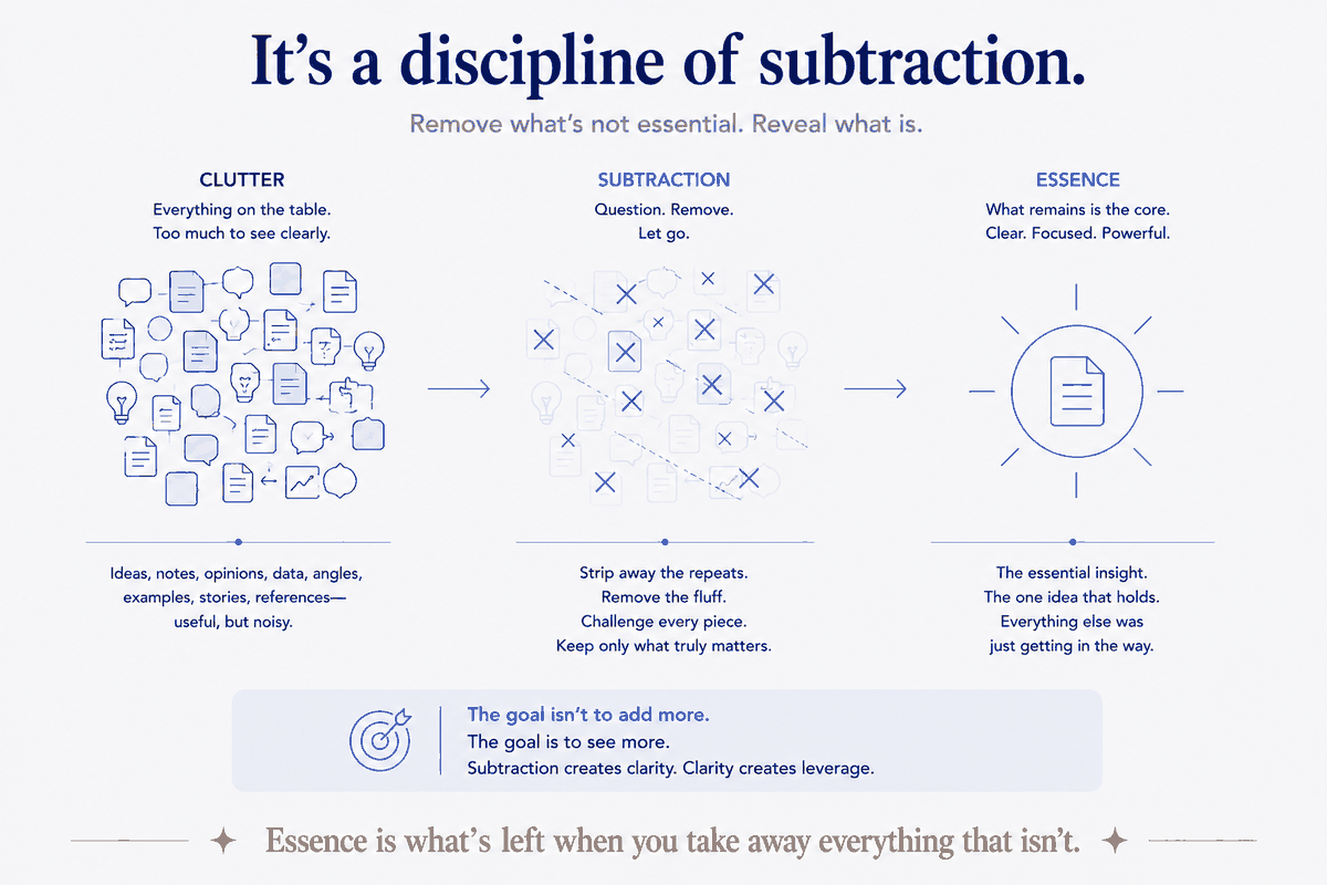Essence is a discipline of subtraction. You start with clutter — every idea, note, angle and example on the table, useful but noisy. You subtract: question each piece, strip the repeats, let go of the fluff. What remains is the essence — the one idea that holds, clear and focused. The goal was never to add more; it's to see more.