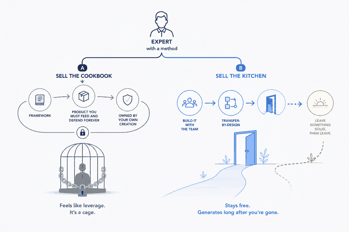 Two paths from the same method. Sell the cookbook and the framework becomes a product you must feed and defend forever — scale that quietly turns into a cage. Sell the kitchen and you build it with the team, transfer the knowledge by design, leave something solid, and walk away free. One owns you; the other keeps the recipe free and the work generative.