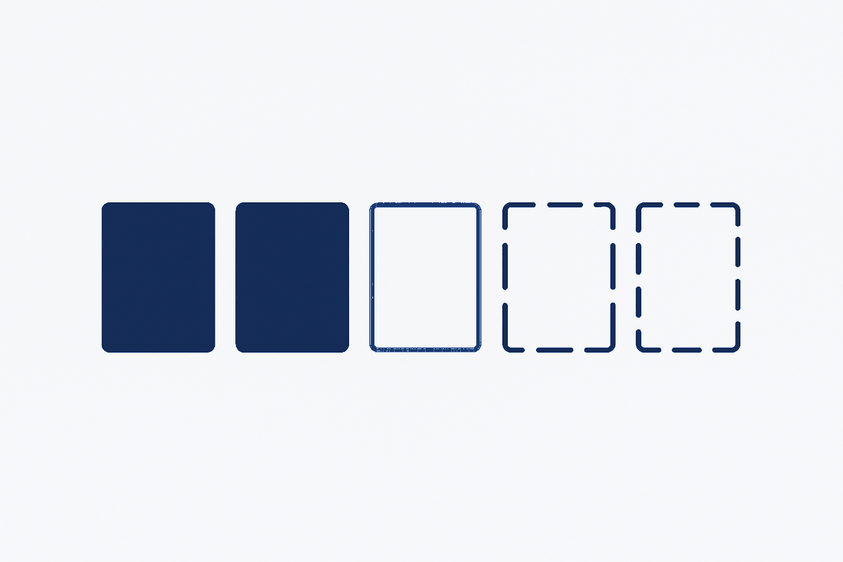 A row of cards fading from solid to dashed — a backlog, not a roadmap.