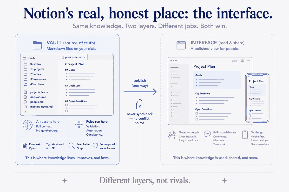Same knowledge, two layers, different jobs — and both win. The vault is the source of truth: plain markdown on your own disk, versioned, searchable, where the AI reasons with full context and the rules run. The interface is the polished view for people: clear, collaborative, mobile. Publishing runs one way only, so the interface never syncs back — no conflict, no rot. Different layers, not rivals.
