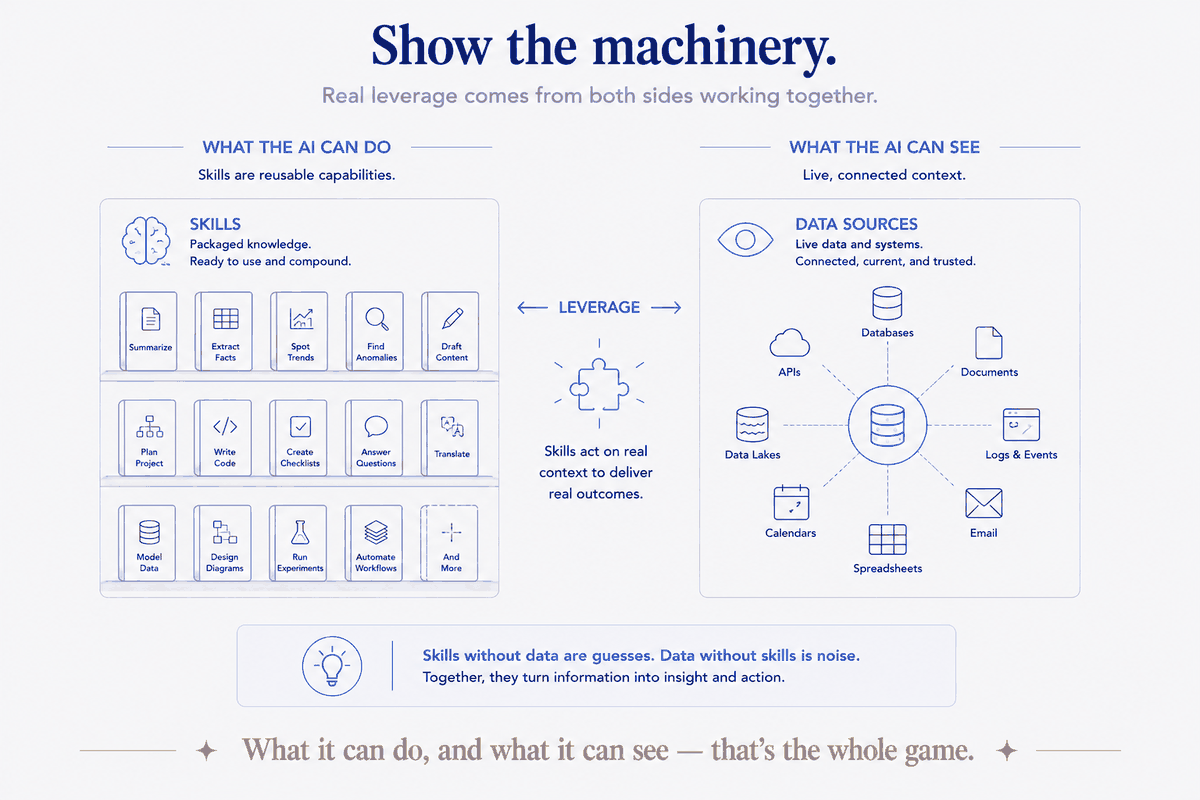 The two halves of leverage. On the left, what the AI can *do* — a shelf of reusable skills, from summarising to running experiments. On the right, what it can *see* — live, connected data sources it can actually query. Skills without data are guesses; data without skills is noise. Together, they turn information into insight and action.