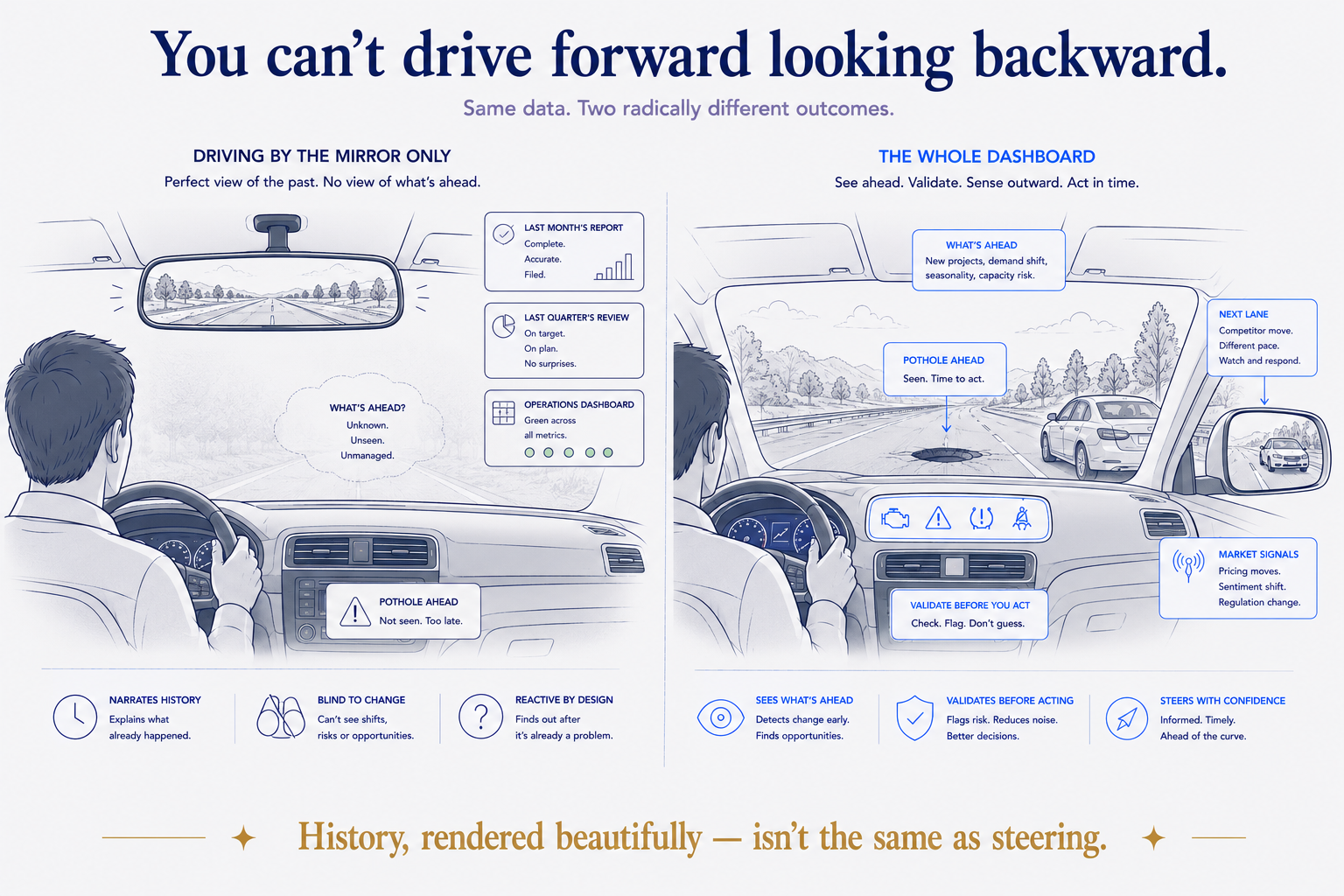 Same data, two radically different outcomes. Driving by the mirror only gives you a perfect view of the past — last month's report, last quarter's review, a dashboard green across every metric — and no view of the pothole ahead until you've hit it. The whole dashboard sees what's changing, validates before you act, and watches the next lane — so you steer in time instead of narrating what already happened.