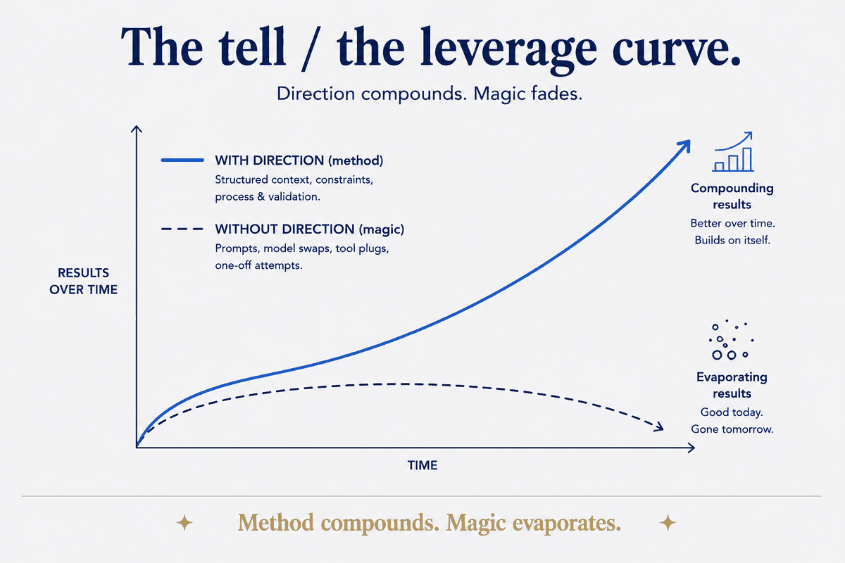 Why the boring stuff wins. Without direction — prompts, model swaps, tool plugs, one-off attempts — results spike early and then fade: good today, gone tomorrow. With direction — structured context, constraints, process and validation — the curve keeps climbing, because each pass builds on the last. That's the tell: method compounds, magic evaporates.