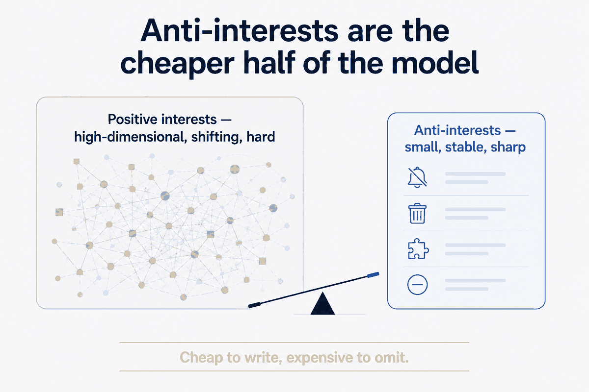 The asymmetry that makes it worth it. Your positive interests are high-dimensional, shifting and hard to capture — a whole research field. Your anti-interests are small, stable and sharp: ten lines that stay true for years. A tiny file does outsized work.