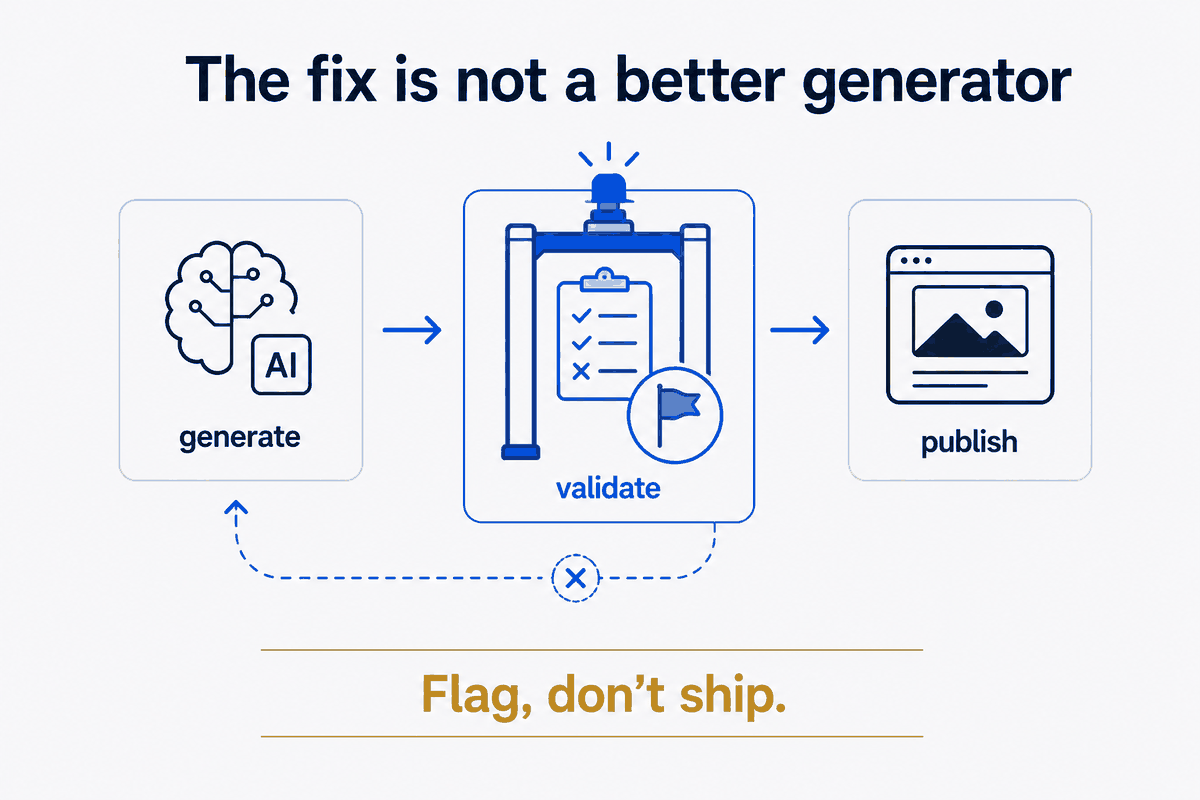 The fix isn't a better generator — it's a step. Generate, then validate against the checklist, then publish; anything that fails the gate loops back to be regenerated, never shipped. It's the site's own rule — generate, validate, flag don't guess — applied to images. Flag, don't ship.