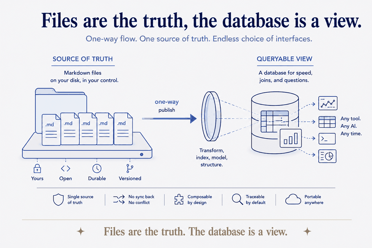 One-way flow, one source of truth, endless choice of interfaces. The markdown files on your disk are the source of truth — yours, open, durable, versioned. They publish one way into a queryable view: a database built for speed, joins and questions, which any tool or AI can read at any time. Single source of truth, no sync back so no conflict, composable and traceable by design. Files are the truth. The database is a view.