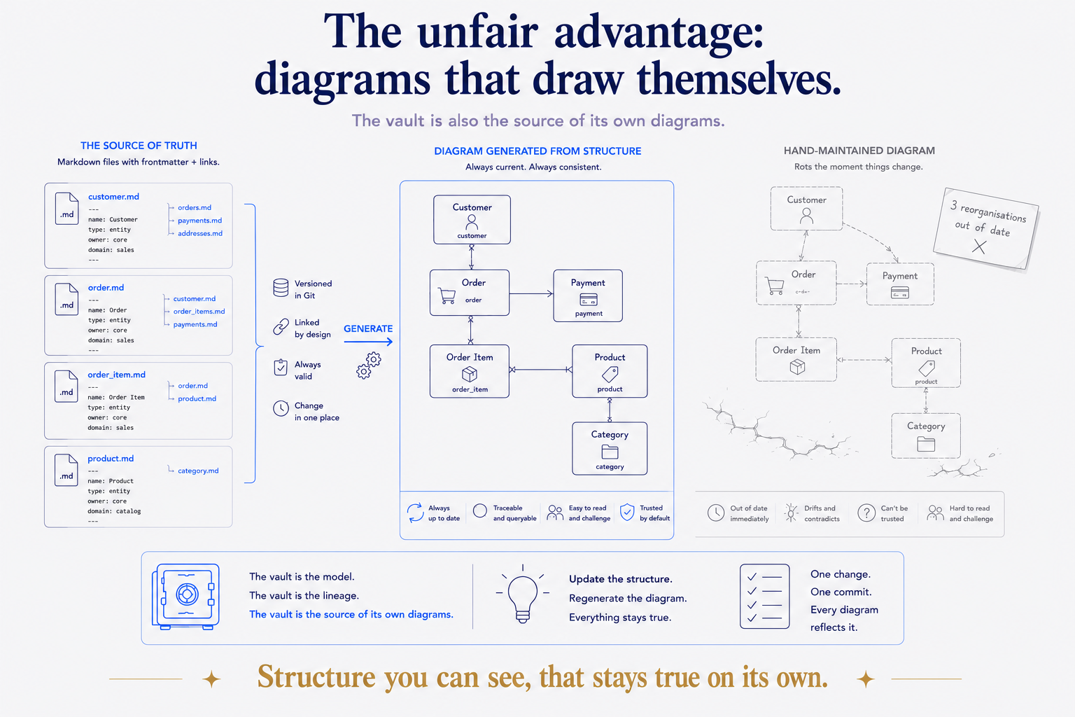 The unfair advantage: diagrams that draw themselves. The markdown files with frontmatter and links are the source of truth; a diagram generated from them is always current and always consistent. The hand-maintained version rots the moment things change — three reorganisations out of date. Update the structure, regenerate, and everything stays true.
