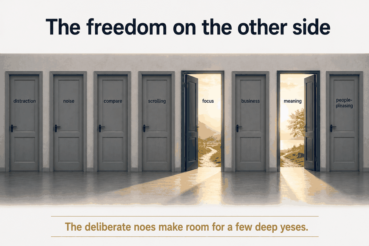 Most doors, deliberately shut — distraction, noise, comparison, endless scrolling. A few, chosen on purpose, open onto light: focus, meaning. The closed doors aren't a smaller life; they're what makes room for the open ones. The deliberate noes make room for a few deep yeses.