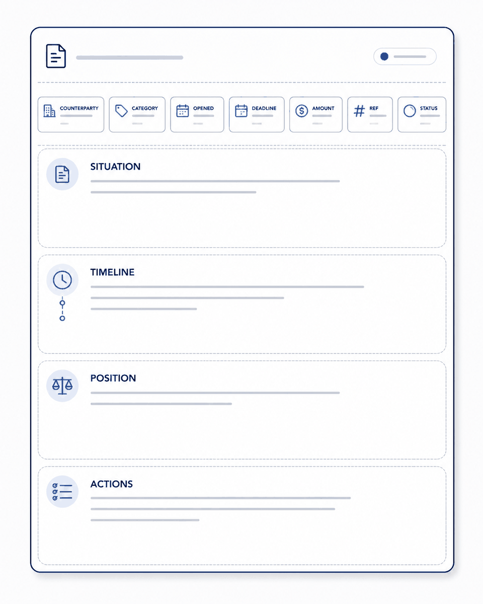 The anatomy of one incident: a header of hard facts — counterparty, category, opened date, deadline, amount, reference number, status — over a fixed body of four sections: situation, timeline, position, open actions. The same shape for a refused refund and a broken appliance. You don't design the note; you fill it.
