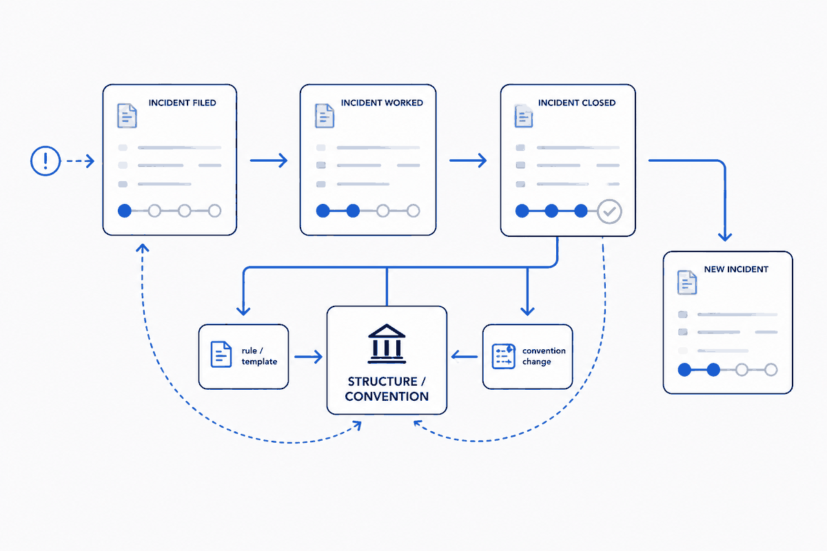 The improvement loop: an incident is filed, worked, and closed — and closing it feeds two things back into the structure. A reusable rule or template (the refund letter, the payment-verification check, the channel that bounces) and, when a case didn't quite fit, a change to the convention itself (a broadened definition, a new field). The next incident starts further ahead than the last.