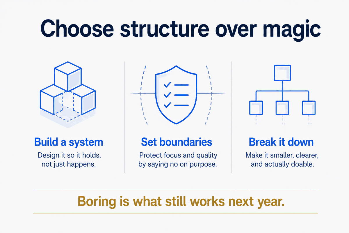 The three unglamorous moves. Build a system so results are designed, not hoped for. Set boundaries so focus and quality survive. Break it down so the work actually finishes. None of it is exciting — and that's the point. Boring is what still works next year.