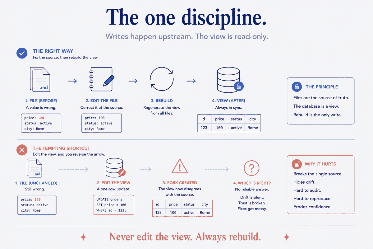 Writes happen upstream; the view is read-only. The right way: a value is wrong, so you correct it in the file, regenerate the view from all files, and the view is in sync. The tempting shortcut: you edit the view with a one-row UPDATE, and you've reversed the arrow — the view now disagrees with the source, a fork exists, and there's no reliable answer to which is right. Files are the source of truth; the database is a view; rebuild is the only write.