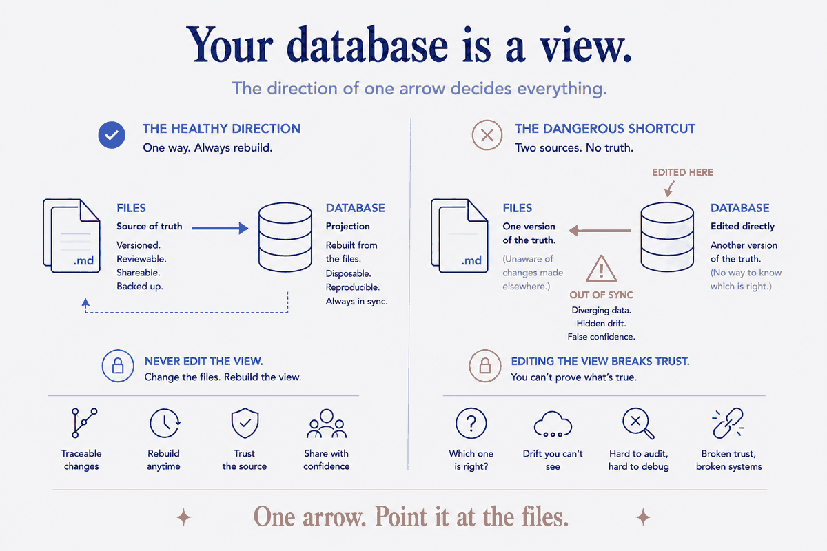 Your Database Is a View — The Rebuild Discipline That Keeps Files the Source of Truth