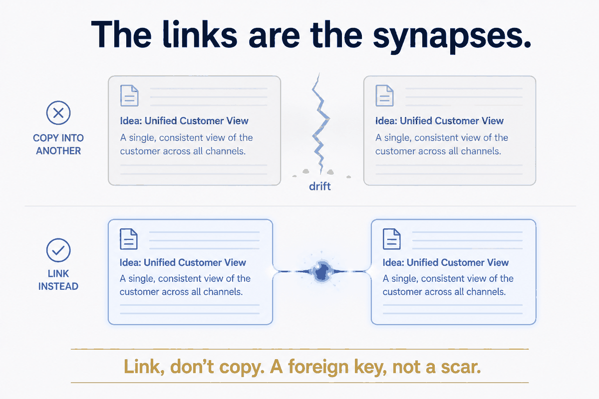 Two ways to connect the same idea. Copy it into another note and you get two copies that drift apart by the second edit. Link it instead and each note stays whole, joined by a synapse — a foreign key, not a scar. Link, don't copy.