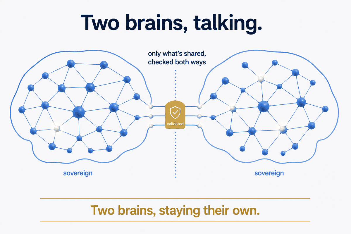 Two brains, talking — without merging. Each stays sovereign and private; only a chosen, declared set crosses the boundary, and it's validated both ways so nothing bad propagates. Not one grey mush: two brains, staying their own.